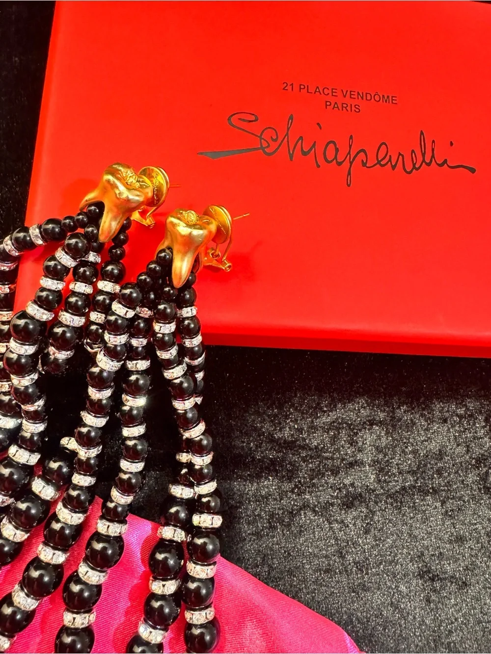 Schiaparelli inspired Elegant Black Beaded Drop Earrings with Gold Accents